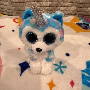 Plush Unicorn Dog Toy with Silver Horn